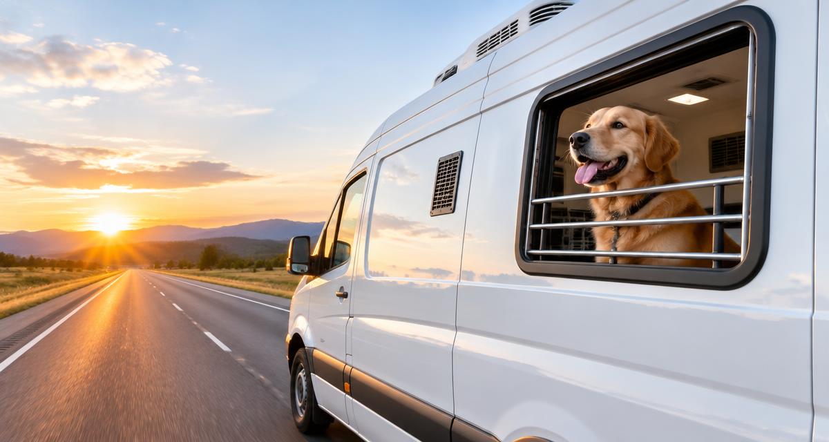 Climate-controlled pet transport van on a U.S. highway with a dog watching from the window