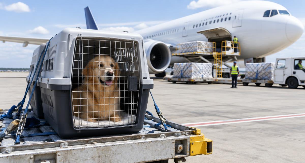 Pet travel crate secured on an airport cargo pallet ready for a flight to Germany