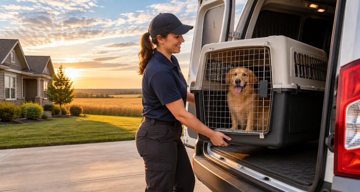 Pet transport handler loading a dog crate into a van outside a Wichita, Kansas home